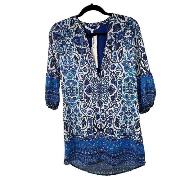Collective Concepts Blue White‎ Print V Neck Tunic - Picture 1 of 8